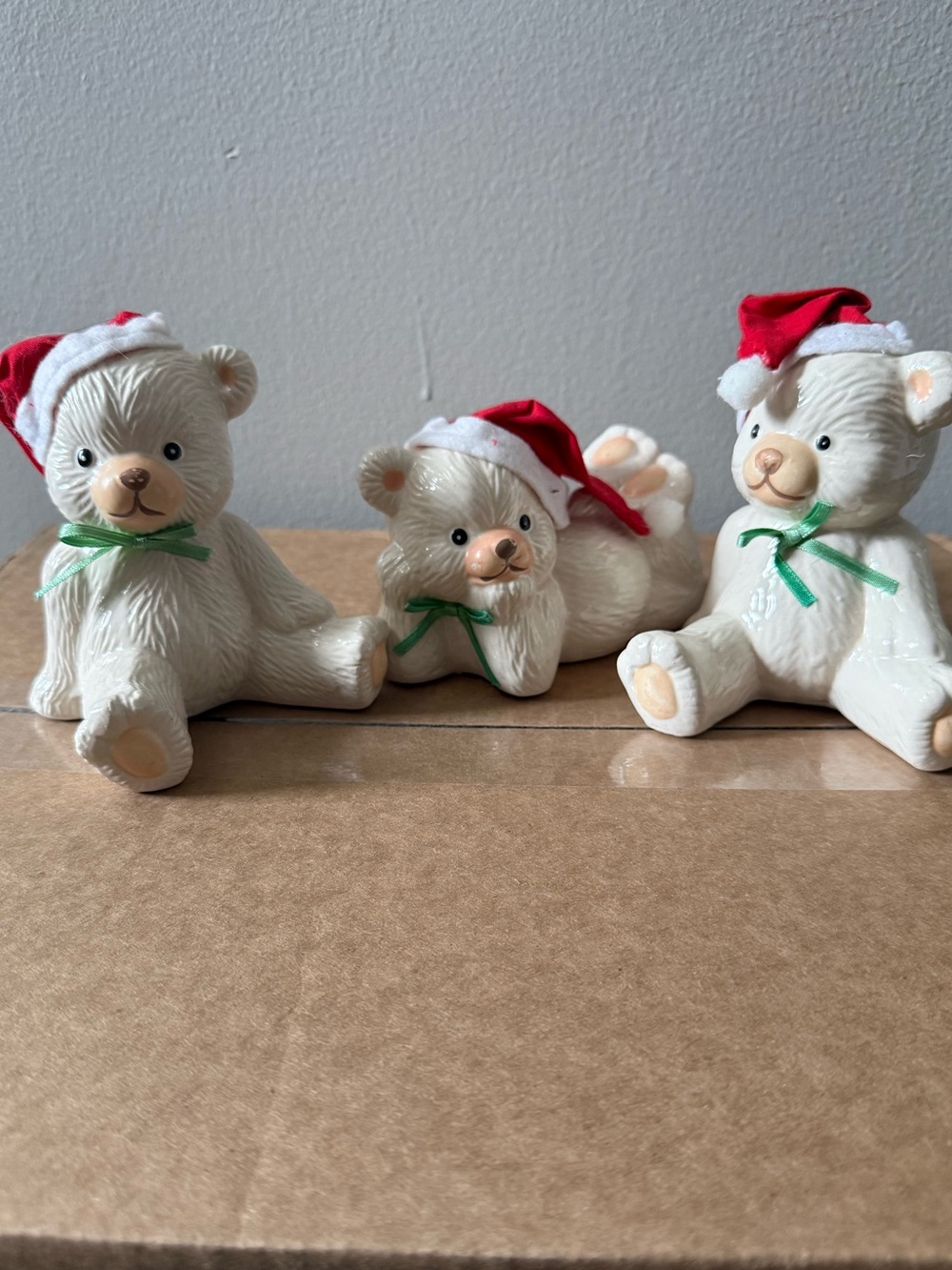 3 Vintage 1993 Ceramic Teddy Bears with Santa Cap & Green Bow by LOOMCO!